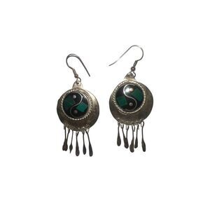 Vintage Alpaca Mexico Silver Yin Yang Malachite & Onyx Inlay Dangle Earrings